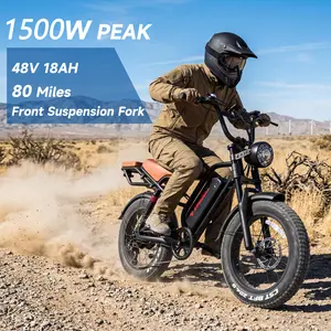 KINGBULL electric bicycle, peak power 1500W, full suspension, top speed 31 mph, maximum range 80 miles, 48V 18Ah removable battery, hydraulic disc brakes, ultra-soft saddle, LED front light, 20-inch all-terrain fat tires, UL2849 certified.