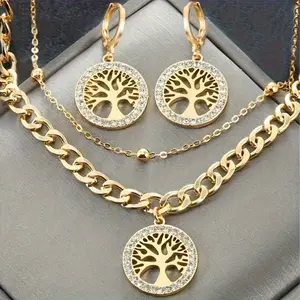 A set of elegant luxury trendy double-layer full round tassel life tree clavicle chain earring set women's jewelry