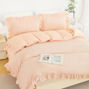 3 Pieces Full Size Ruffled Duvet Cover Set Cute Vintage Peach Pink Bedding Set for Kids Girls All Seasons