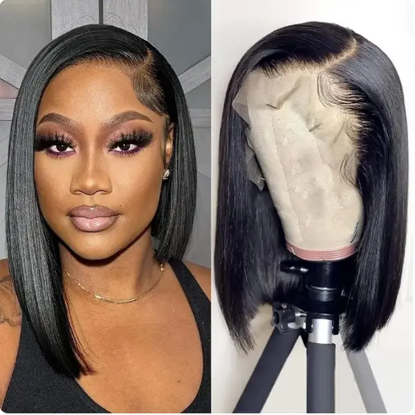 Cute Curls 10-16 Inch Bob Glueless Human Hair Wig, Ready to Wear Wig, Straight Natural Color Bob Wig, Black 13x4 HD Lace Frontal Wig, 200% Density Human Hair Wig for Women.
