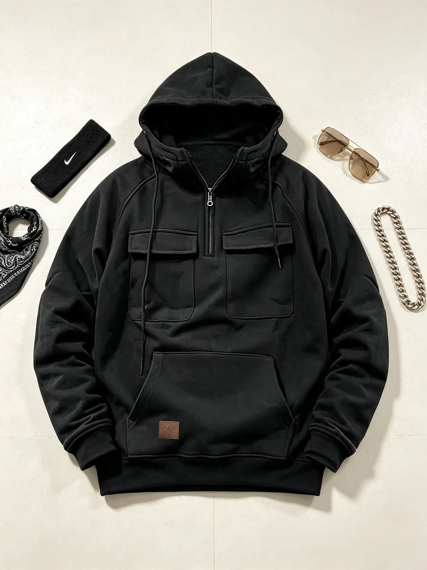 Cargo Hoodies for Men Tactical Sweatshirt Quarter Zip Cargo Pullover Hoodies Workout Gym Men Fashion Outdoor Hoodie Long Sleeve