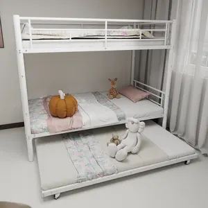 Twin Over Twin Metal Bunk Bed with Trundle, Heavy Duty Sturdy Bunk Beds Frame with Side Ladder, Convertible Bunkbed Safety Guardrails, No Box Spring Needed, White
