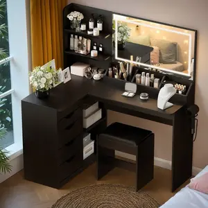 Corner Makeup Vanity Desk With Lights And Mirror, 47" L Shaped White Vanity Set With Cushioned Stool& Charging Station, , 5 Drawer, Adjustable 3 Lighting Mode, Bedroom Large Dressing Table