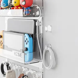 Wall Mounted Storage Organizer, 5-in-1 Entryway Remote Control Holder with Shelf and Key Hook, No Drilling Adhesive Caddy for Cable/Wallet/Phone, Space Saving Tidying Solution for Kitchen Bathroom Living Room decor set home accessories