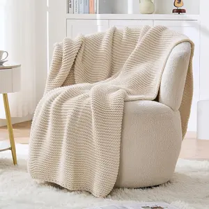 Beige Throw Blanket for Couch, Rustic Knit Throw Blanket, Soft Cozy Stretchy Reversible Garter Knitted Blankets for Bed, 60"x80",  Beige