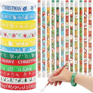 48 Pack Christmas Pencils Set,24 Pcs Christmas Pencils and 24 count  Bracelets Holiday Wristbands for Christmas Party Classroom Gifts Rewards Office Supplies Stocking Stuffers