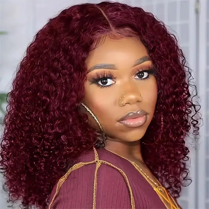 99J Burgundy Wear Deep Wave Bob Wig 13x4 Lace Closure Glueless Wigs Human Hair Pre Plucked Pre Cut 180% Density Short Curly Human Hair Bob Wig for Black Women (Burgundy Wig) #SummerVibes