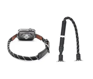 SNAKSTON Black Double Wrap Rope & Leather Band Compatible with Apple Watch Series 9 8 7 6 5 SE Ultra 2/1 - Handmade Braided Paracord Replacement Strap, Slim Fashion Bracelet Wristband for iWatch 38mm 40mm 41mm 42mm 44mm 45mm 49mm