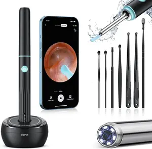 Ear Wax Removal kit Ear Cleaner Tool with 1080P Camera Wireless Otoscope with Charging Base and Lights for iPhone iPad Android Black With Base