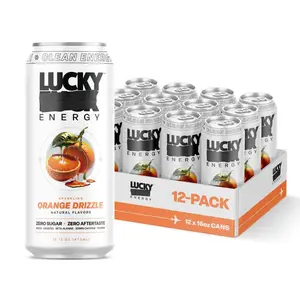 Lucky Energy Sugar Free Energy Drinks 16 Fl Oz Cans (12-Pack) Orange Drizzle with Maca, Ginseng, Taurine, Beta-Alanine, 200mg Caffeine