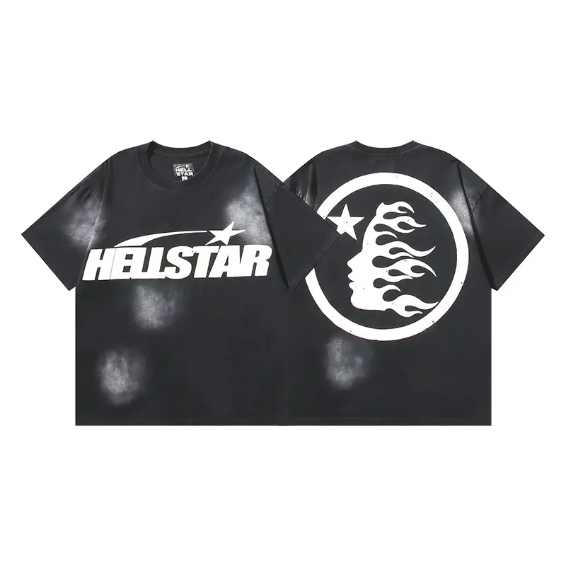 HELLSTAR Certified Professional Y2K Premium Quality Airbrush Flaming Face Washed Short Sleeve T-Shirt Casual Tops Mens Standard Fit