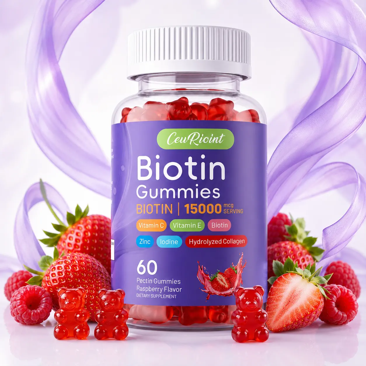 Biotin Gummies - 15000 mcg Biotin per Serving, with Vitamin C, Vitamin E, Zinc, Iodine & Hydrolyzed Collagen, Raspberry Flavor, 60 Pectin Gummies, 30 Servings