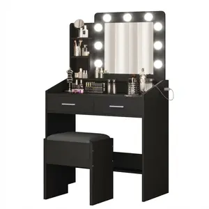 Garvee Makeup Vanity Desk Set with LED Lighted Mirror, 3 Color Modes, Dimmable Bulbs, Built-in Power Outlets & USB Ports, 2 Drawers, 3 Open Shelves, Cushioned Stool & Hairdryer Holder, Black