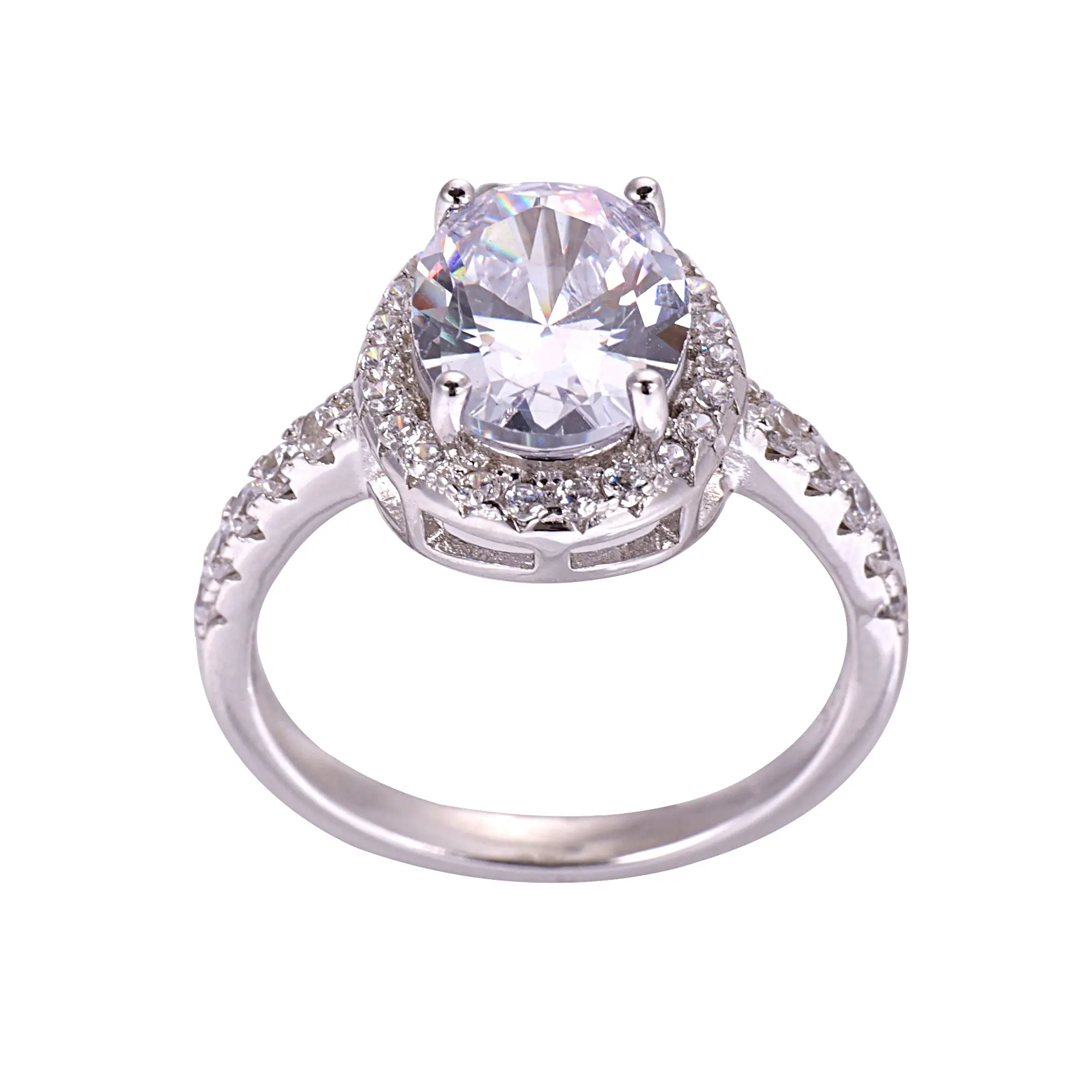 925 Sterling Silver Oval Halo Solitaire Ring - Sparkling AAA+ CZ