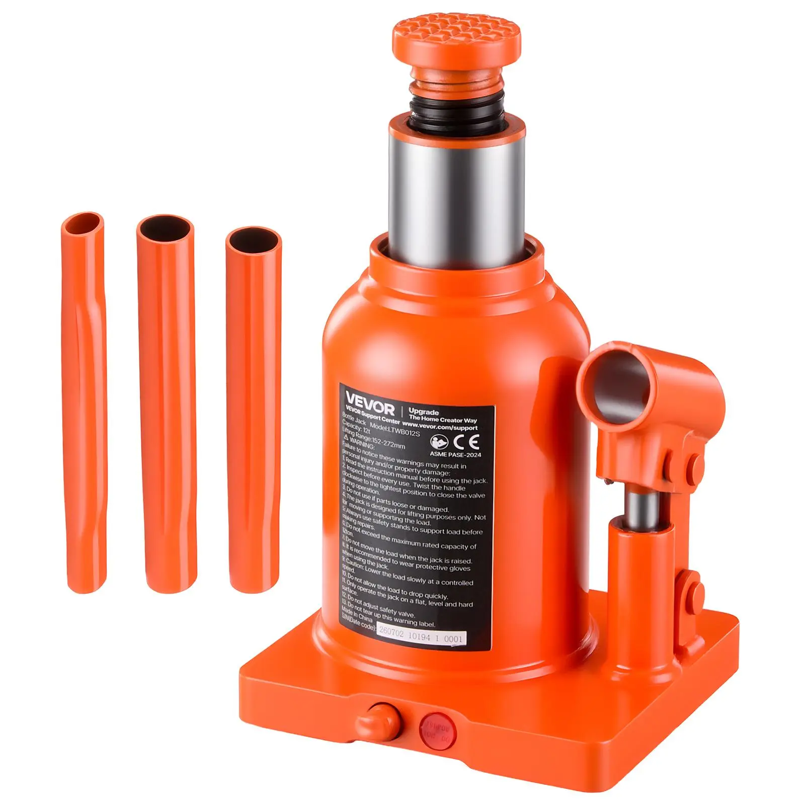 【toolupgrade】VEVOR Hydraulic Bottle Jack 12 Ton (26455.5 lbs) 5.98"-10.71" Lifting Range, for Heavy-Duty Pickup, Medium-Duty Truck, RV, Auto Repair and House Lift, Welded Jack with 3-Section Long Handle, Orange