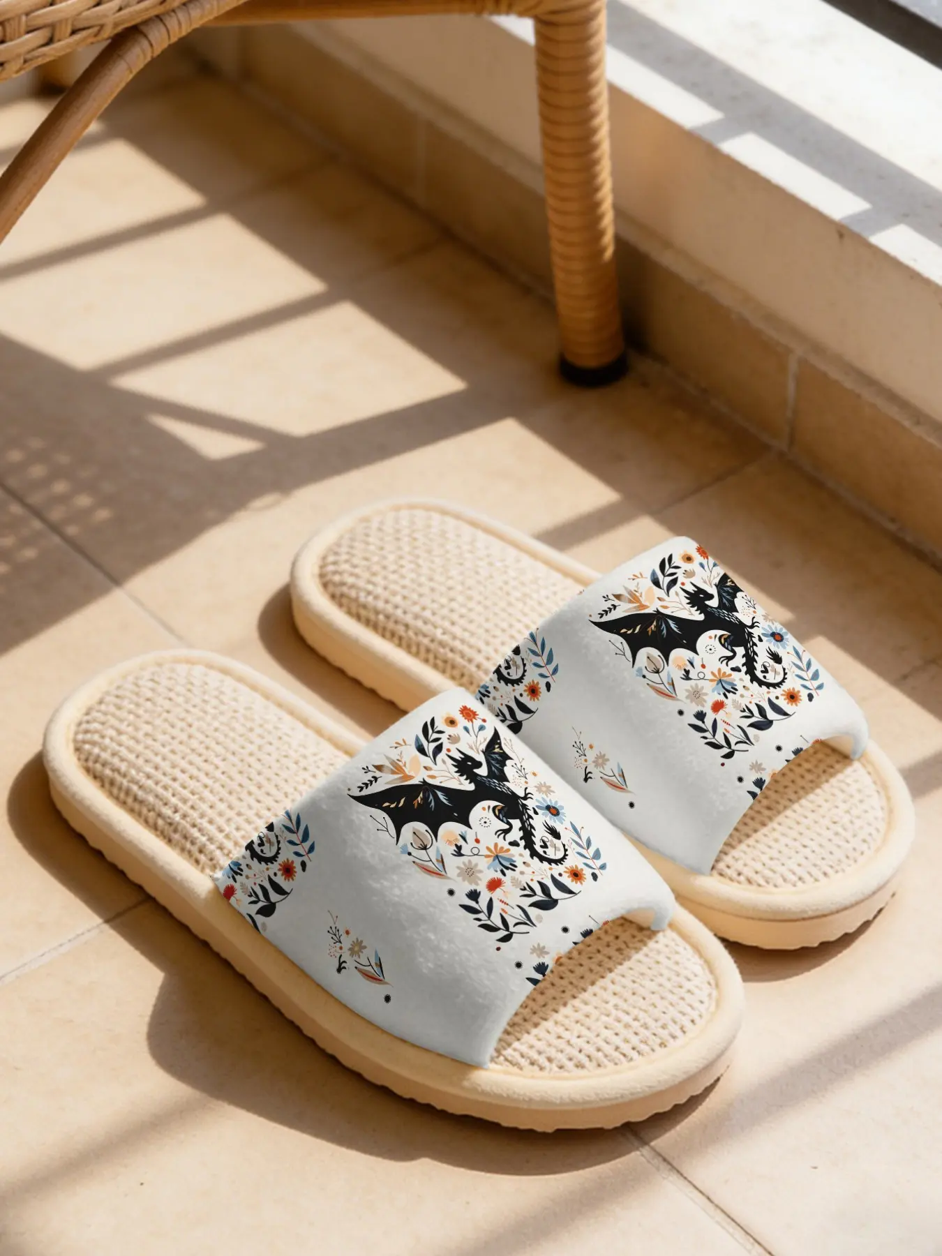 Floral Dragon Linen Slippers, Whimsical Folk Art Vibe 1 Pair Breathable Lightweight Non-slip All Season Cozy House Shoes for Fantasy Lovers Women Men Family Daily Home Wear