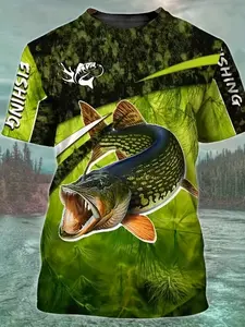 Men's Outdoor Fishing Theme Short Sleeve Shirt, Lure Fishing Sport Top, Slim-Fitting Casual All over Print Design