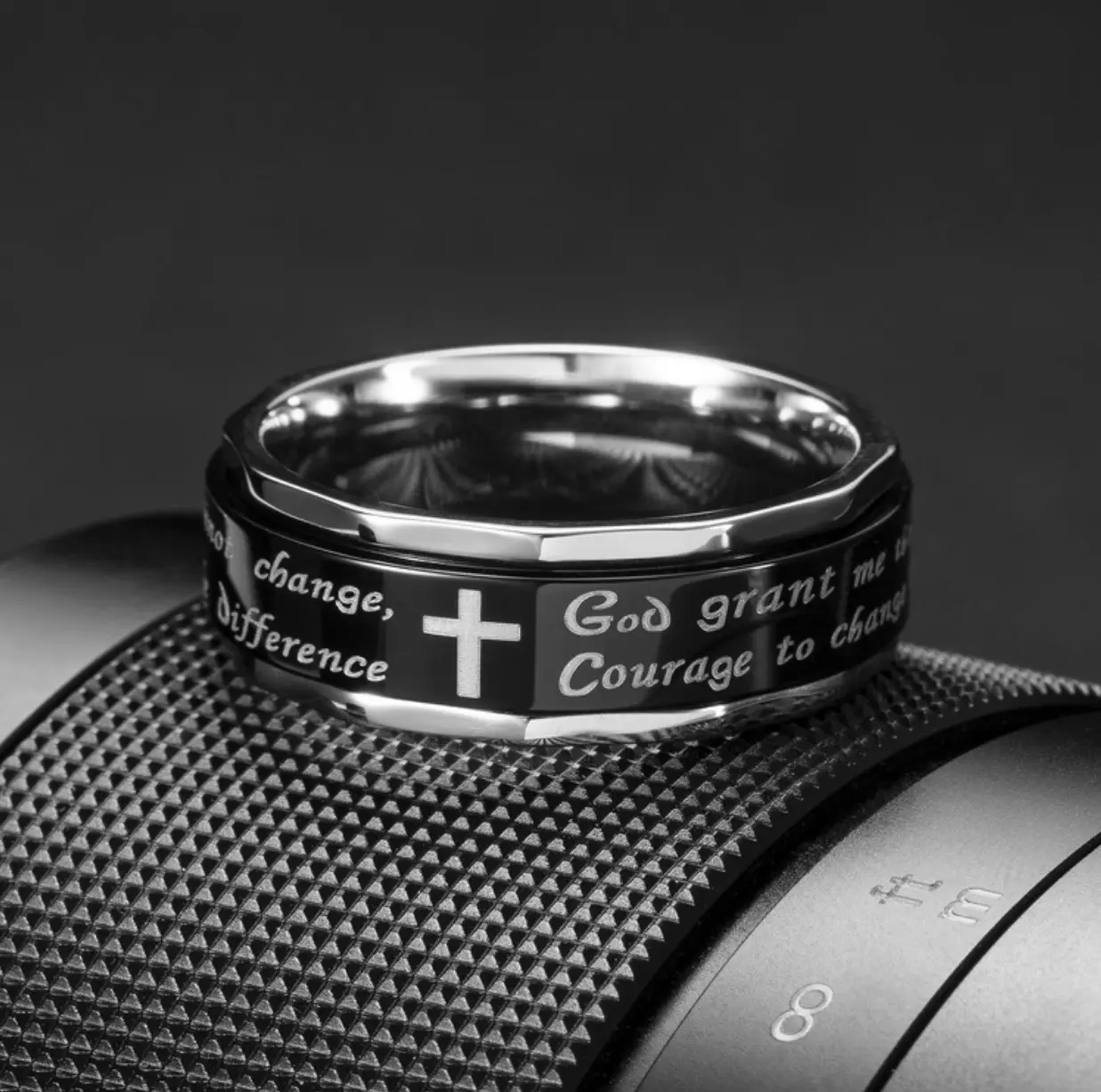 316L Stainless Steel 8mm "Serenity Prayer" Black Lined Rotation Ring (Size 5-11.5)