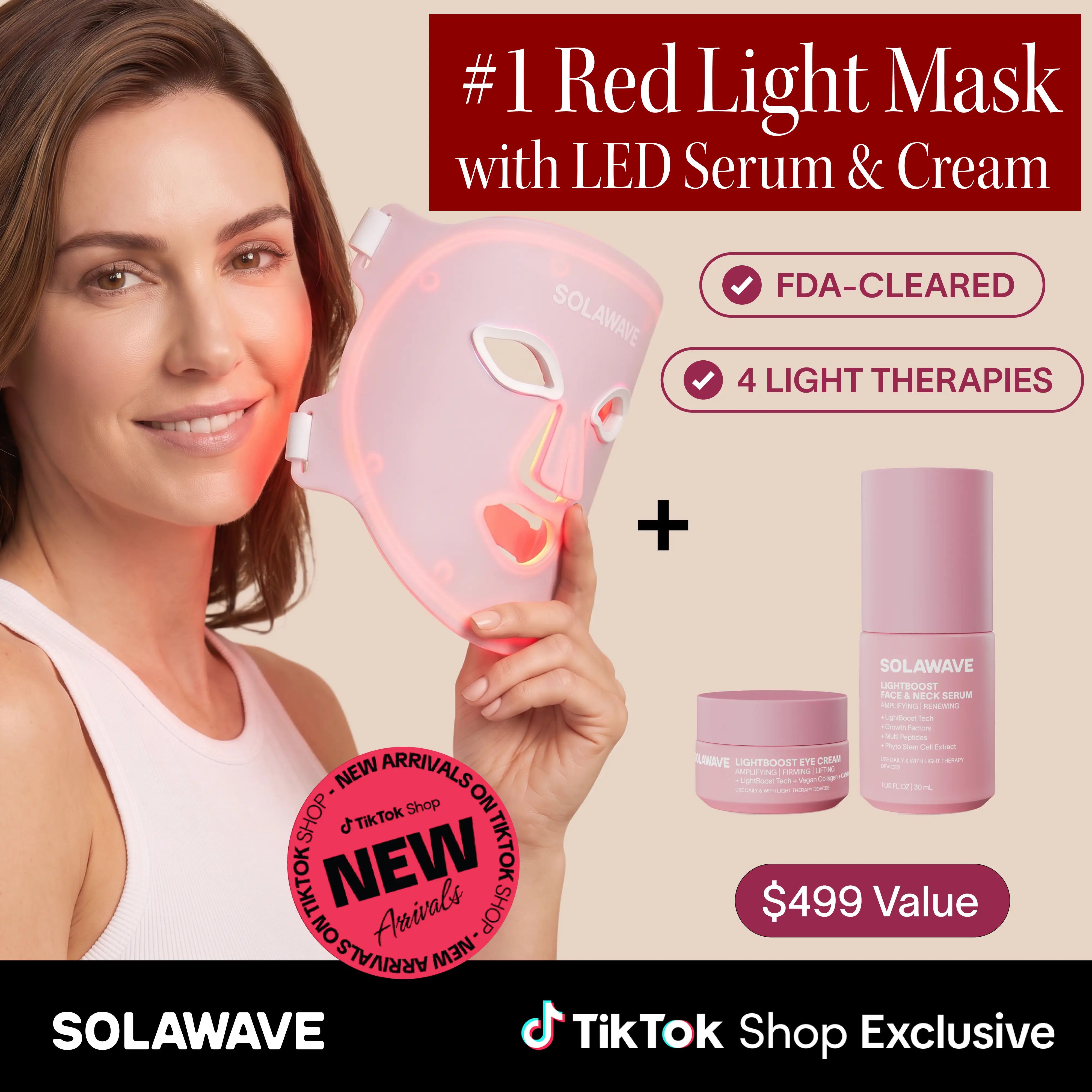 Wrinkle Retreat Pro 3 Minute Reset Trio Bundle | LED Face Mask with Red, Infrared, Deep Red, and Amber Light Therapy and LightBoost LED Boosting Eye Cream and Face & Neck Serum FDA Cleared - Solawave