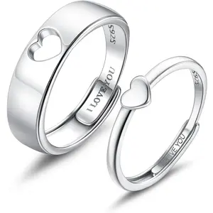 925 Sterling Silver Matching Couple Rings - Heart Promise Wedding Band Set for Him & Her, Adjustable I Love You Rings, Valentine's Day Couples Gift