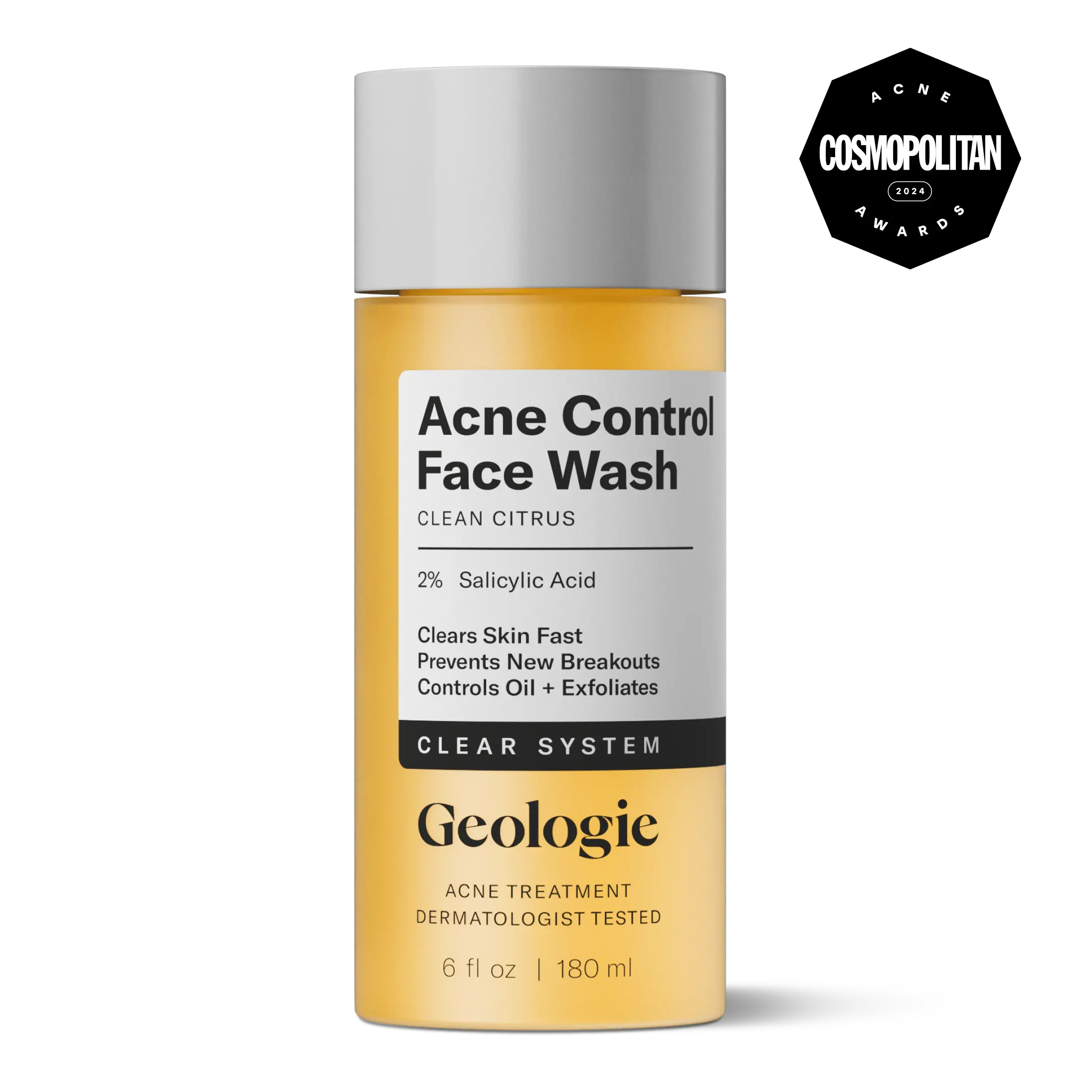 Geologie Acne Control Face Wash 180ml - Facial Cleansing with 2% Salicylic Acid for Skin Fast Clearing and Prevents Breakouts