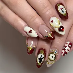 Alice Ruby Red Heart Queen Press On Nails, Gold Beads Rhinestone Bling, Clock Hands Gold Foil Checkerboard, Red White Color Block French, 3D Gold Trim Pearl, Six-Pointed Star Gold Rose Fairytale Removable False Nails