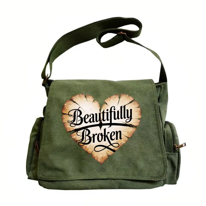 Women’s large-capacity single-shoulder bag with flip closure, vintage tote crossbody messenger style, featuring a heart-shaped cracked pattern with “Beautifully Broken” print. Perfect for everyday outings and travel; an excellent gift choice for friends o