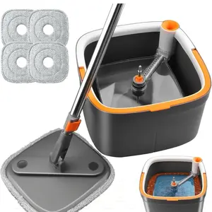 Spin Mop and Bucket Set with 4 Replaceable Microfiber Mop Pads, 360° Rotating Square Design, Self-Wringing System for Cleaning