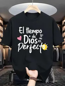 Men'S Casual Crew Neck T-Shirt with "El tiempo de Dios es Perfecto" Print, 100% Polyester Knit Fabric, Slight Stretch, Regular Fit, Summer Top for Daily Wear