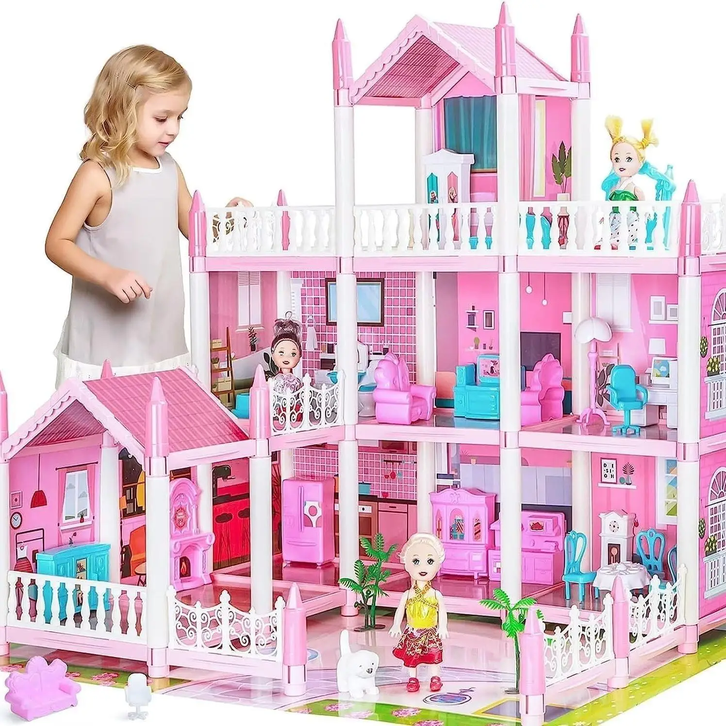 1 Set 3 Layer Doll House With 4 Dolls, Big Doll House Playhouse Girls Toys, Home Decor, Fun Gifts for Girl, Dream Doll House Toy For Kids, Dollhouse C