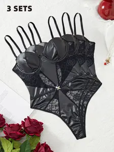Women's Solid Color PU Leather Sexy Lingerie Bodysuit, Fashion Comfy Breathable Thong Design Bodysuit for Daily Wear, Women Sexy Lingeries & Costumes for All Seasons，body moldeador mujeres，baddie，curvy，sexy，silk robe，lenceria sexi mujer，whimsy clothing