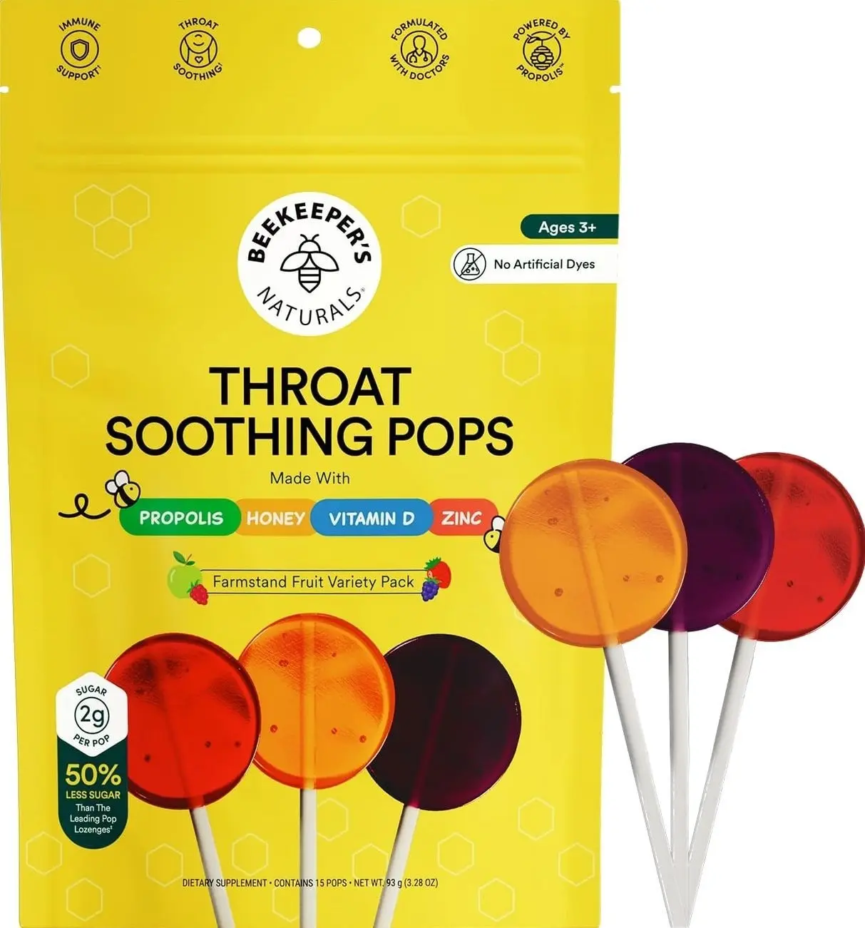 Kids Throat Soothing Lollipops by Beekeeper's Naturals - Doctor Formulated Immune Support, Vitamin D & Honey, Under 2g Sugar, Clean Ingredients,15 ct