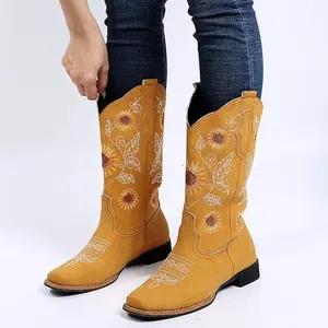 Cowgirl Western Boots for Women Mid Calf Sunflower Embroidery Stitched Square Toe Low Heel  US 6-10.5 Walking Shoes Leather Casual Footwear Comfort Decor Bota