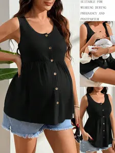 Stride x Women's Black Casual Everyday Minimalist Nursing Tank Top,Button Front Maternity Vest,Solid Color Postpartum Summer Tops For Women