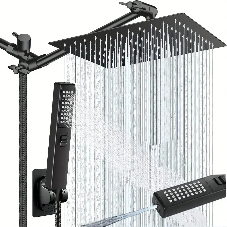 Dual Shower Head Set with Handheld, 8inch High Pressure Rainfall Shower Head Combo with 11-inch Adjustable Extension Arm and 3 Settings Handheld Showerhead Combo, 3-Way Shower Combo, Rain Shower Head with Handheld, Powerful Low-pressure Water Shower Spray