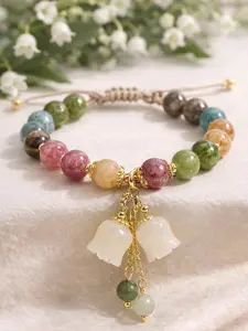 Handmade Colorful Quartz Beaded Bracelet with Bellflower Pendant, Adjustable Rope Chain Floral Charm, Cute Gift Jewelry for Women