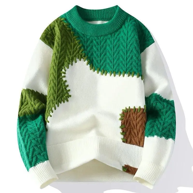 Harajuku Streetwear Patchwork Sweater for Men, Thick Knit Round Neck Longsleeves Pullover Knitwear for Adults - Asian Sizes