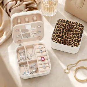 Mini Jewelry Case with Zippered Pocket Mirror, Leopard Print Girl Stuff Portable Travel Organizer for Rings Bracelets Necklaces, Leather Durable Storage Organization