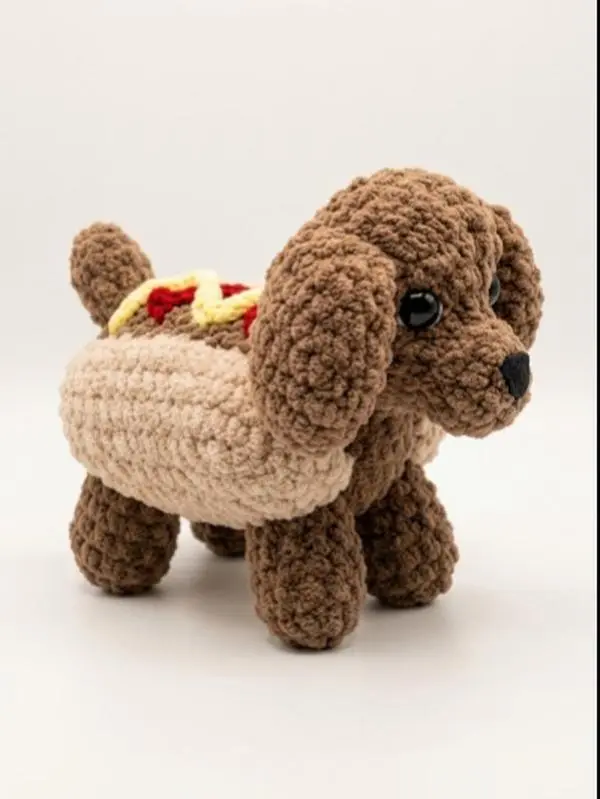 Cute Crochet Hot Dog Dachshund Plushie, Handmade Amigurumi Sausage Weiner Dog Stuffed Toy, Soft Chunky Chenille Yarn Puppy Doll for Room Decor, Funny Gift for Kids & Adults
