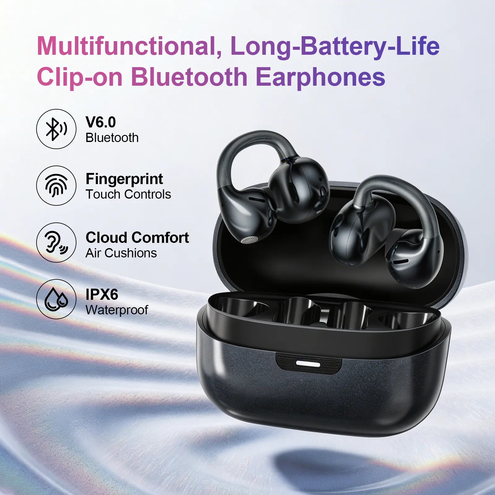 Vostarx Open Ear Clip Bluetooth Earbuds - Lightweight Ear Hook, Deep Bass, Sweatproof, ANC Noise Cancelling Wireless Headphones with Stereo Sound, Fast Charging, Stable Connection for Android Devices & Gym Use, On Ear