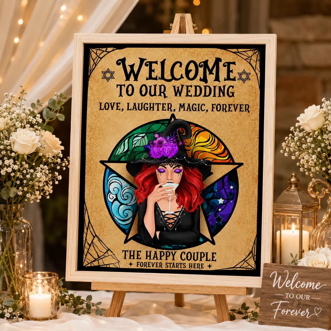 Witchy Wedding Welcome Poster, Gothic Bride Wall Art, Water Earth Fire Air Elemental Decor, Mystical Halloween Marriage Sign, Vintage Vertical Print for Ceremony Reception, Pagan Wiccan Bridal Shower Decor, Alternative Couple Gift