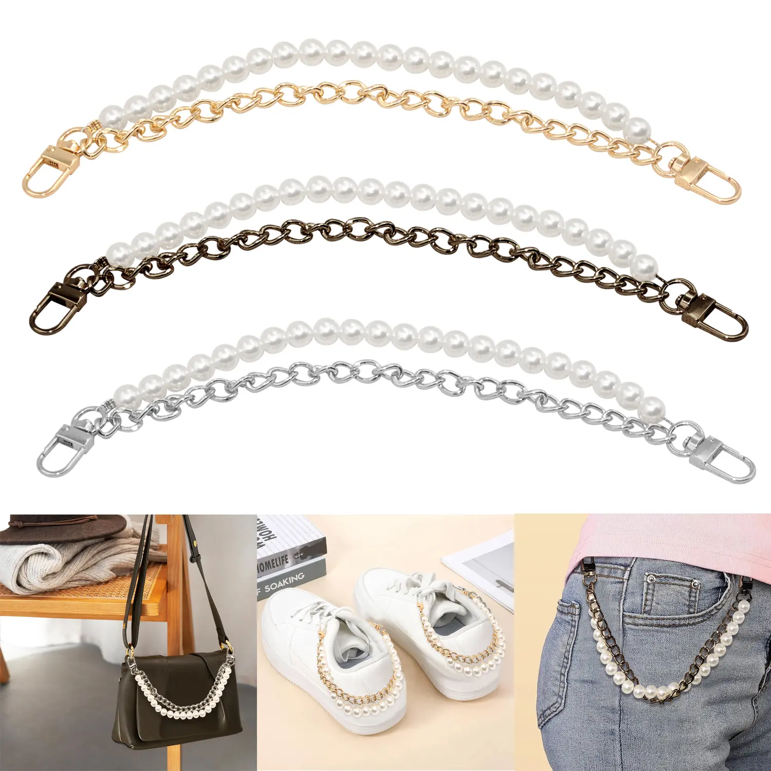 Faux Pearl Handbag Strap, 11-Inch Embellished Classic Chain as a Removable Short Handle Replacement for Women's Purses, Adjustable Crossbody Strap, Embellished Straps