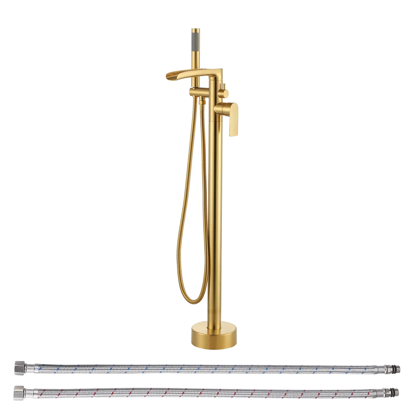 WOWOW Classic Brushed Gold Floor-Mount Freestanding Waterfall Bathroom Faucet - 1-Handle Solid Copper Tap, Mode-Switching Shower Duo, Rainfall Handheld Shower, 59in Hose, Easy-to-Clean for Families
