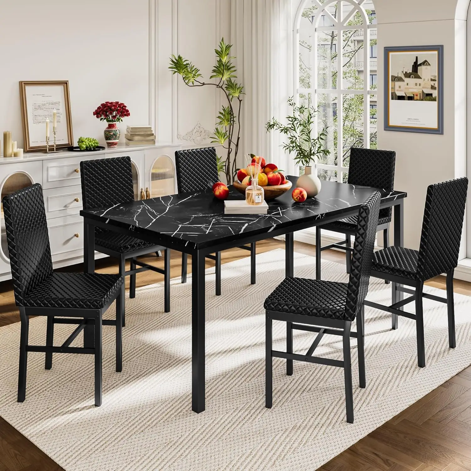 Recaceik 7 Piece Dining Table Set for 6 Large Modern Dinner Table Set with PU Leather Chairs Faux Marble Top & Metal Frame Kitchen Furniture Design Mo