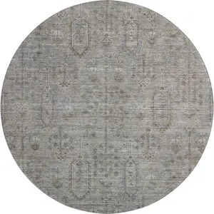 HomeRoots 665406 8 ft. Granite Gray & Silver Southwestern Round Ethnic Washable Resistant Area Rug with UV Protection, Washable Area Rugs, Resistant Area Rugs