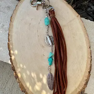 Tribal Oval Charm, Raw Turquoise Pebble Stone Purse Tassel, Southwestern Tassel, Turquoise Keychain, Leather Handbag Accessory