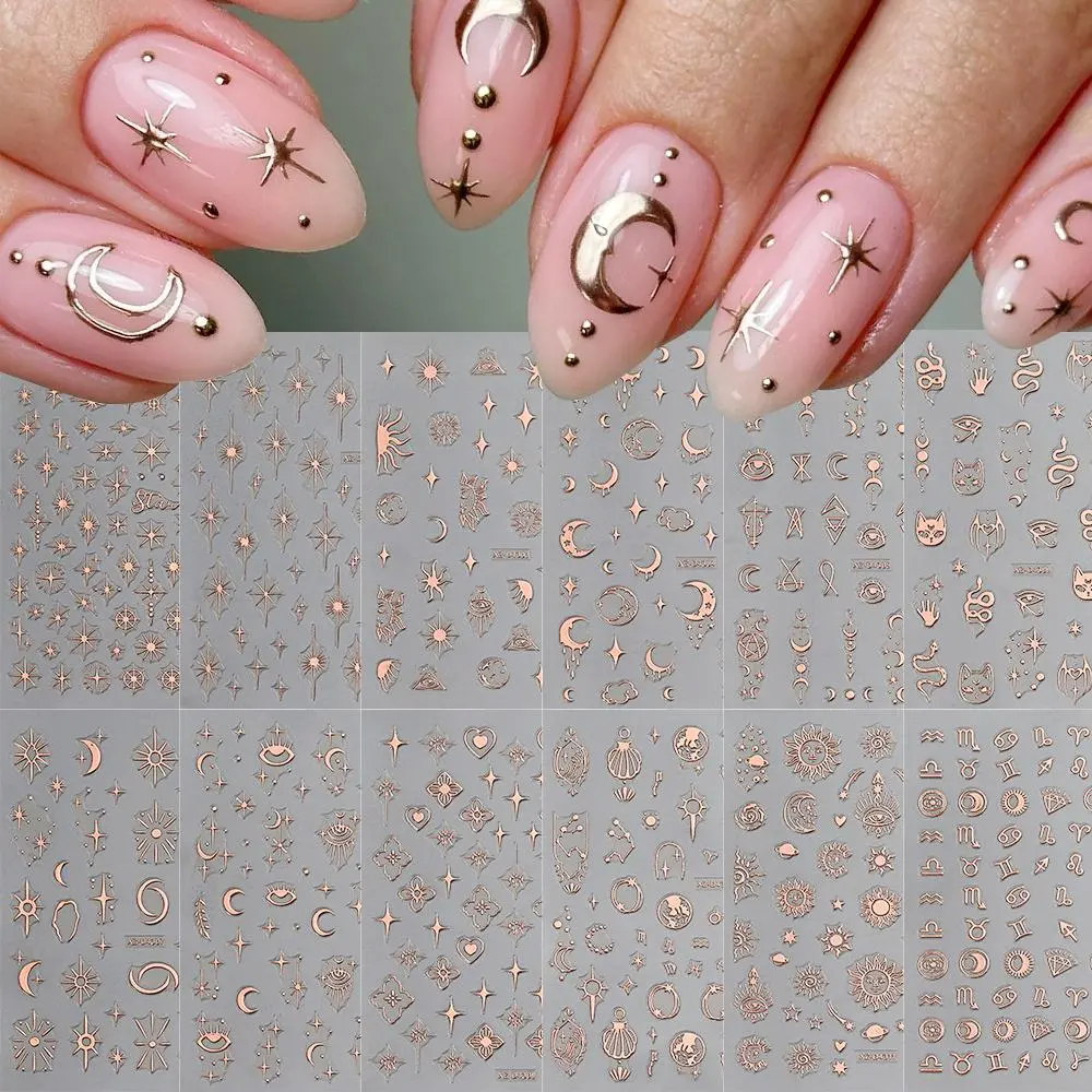 1 Sheet Rose Gold Nail Sticker Sun/Moon/Star Bohemia Nail Art Sticker 3D Self-Adhesive Bronzing Nail Decoration Manicure Slider