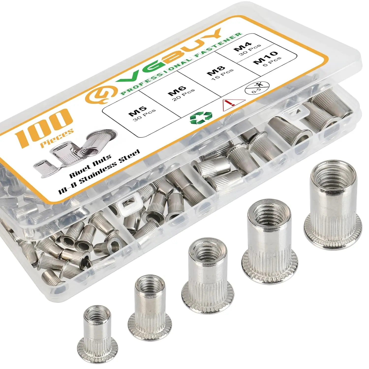 304 Stainless Steel Metric Rivet Nut Kit (100-Count, VG30529) - Hardware Assortment with M4, M5, M6, M8, M10 Flat Knurled Threaded Insert Nuts