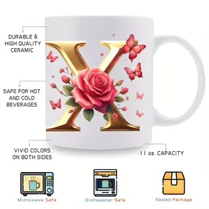 BPA Free 11oz Ceramic Mug Featuring Alphabet and Floral Design Perfect for Festivals and Special Occasions