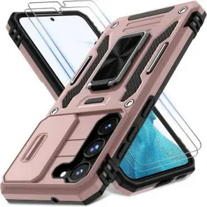 Case for  Galaxy S24 Ultra with Slide Camera Cover+Screen Protector (1 Pack), Rotated Ring Kickstand Military Grade Shockproof Protective Cover-Black